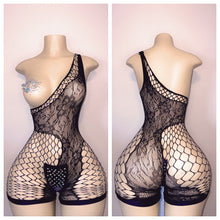 Load image into Gallery viewer, DIAMOND LACE CUTOUT ONE SHOULDER ROMPER WITH MATCHING THONG AND PASTIE