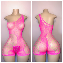 Load image into Gallery viewer, DIAMOND LACE CUTOUT ONE SHOULDER ROMPER WITH MATCHING THONG AND PASTIE