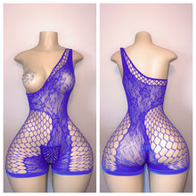 Load image into Gallery viewer, DIAMOND LACE CUTOUT ONE SHOULDER ROMPER WITH MATCHING THONG AND PASTIE