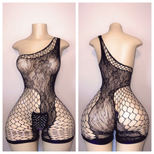 Load image into Gallery viewer, DIAMOND LACE CUTOUT ONE SHOULDER ROMPER WITH MATCHING THONG AND PASTIE