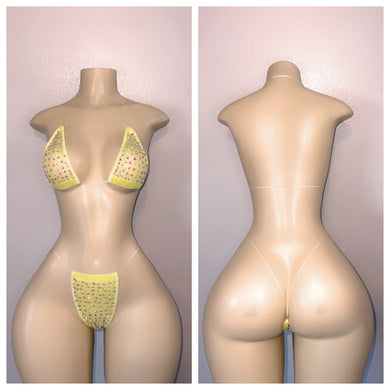 YELLOW SHEER TINY BIKINI SET WITH RHINESTONES