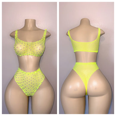 NEON YELLOW DIAMOND LACE TWO PIECE FITS XS-L