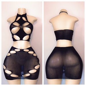 LACE FISHNET CUTOUT. SKIRT ROMPER AND DRESS WITHOUT STONES