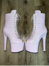 Load image into Gallery viewer, LAVENDER FAUX LEATHER ANKLE BOOTS WITH SHINY FINISH