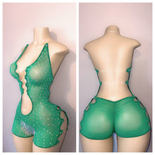 Load image into Gallery viewer, SHEER DIAMOND CHAP CUTOUT ONE PIECE ROMPER WITH RHINESTONES