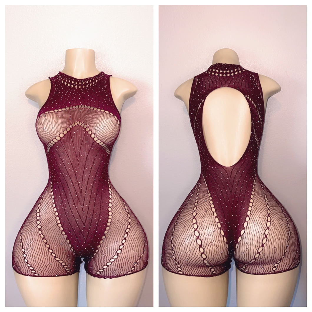 BURGUNDY DIAMOND LACE ROMPER   FITS XS-M