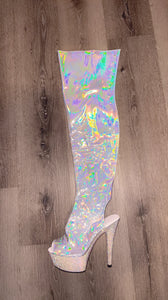 IRIDESCENT SILVER THIGH HIGH SHINY BOOTS WITH RHINESTONE HEEL