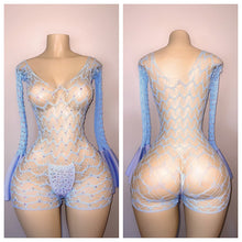 Load image into Gallery viewer, DIAMOND  LONG SLEEVE ROMPER WITH FLARES AND MATCHING THONG ONE SIZE