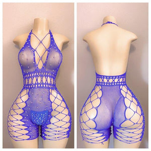 DIAMOND FISHNET ROMPER WITH MATCHING THONG FITS XS-L