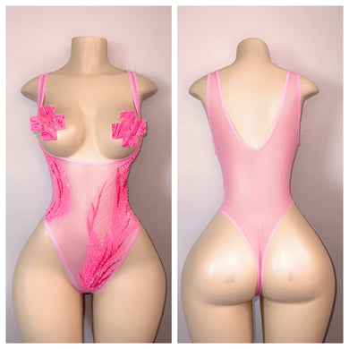 PINK OPEN BOOB ONE PIECE WITH MATCHING PASTIES FITS XS