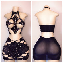 Load image into Gallery viewer, LACE FISHNET DIAMOND CUTOUT. SKIRT ROMPER AND DRESS