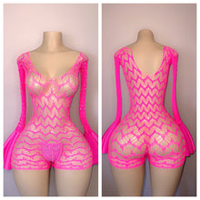 Load image into Gallery viewer, DIAMOND  LONG SLEEVE ROMPER WITH FLARES AND MATCHING THONG ONE SIZE
