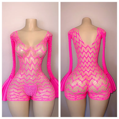 DIAMOND  LONG SLEEVE ROMPER WITH FLARES AND MATCHING THONG ONE SIZE