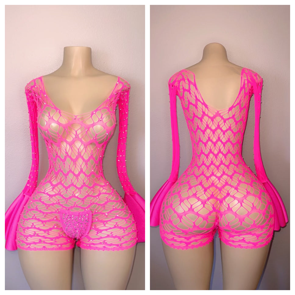 DIAMOND  LONG SLEEVE ROMPER WITH FLARES AND MATCHING THONG ONE SIZE