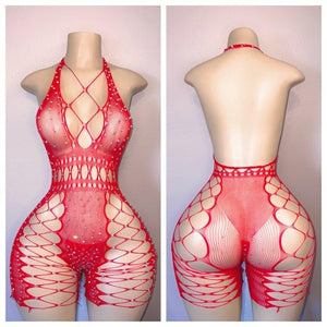 DIAMOND FISHNET ROMPER WITH MATCHING THONG FITS XS-L