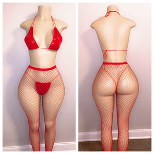 RED FAUX LEATHER TWO PIECE BIKINI WITH MATCHING TIGHTS