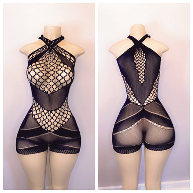 BLACK DIAMOND LACE/FISHNET ROMPER FITS S-XL