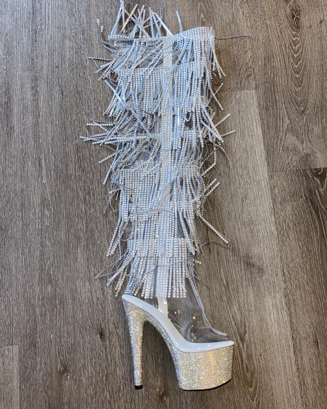 CLEAR THIGH HIGH FRINGE BOOTS WITH RHINESTONE HEEL