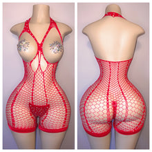 Load image into Gallery viewer, OPEN BOOB DIAMOND FISHNET ROMPER WITH THONG AND PASTIES FITS XS-LARGE