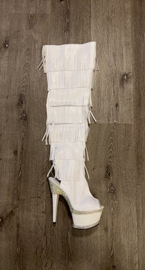 WHITE THIGH HIGH FRINGE BOOTS WITH CUBE AND RHINESTONE HEEL