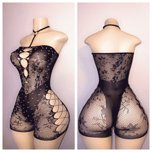 Load image into Gallery viewer, BLACK DIAMOND FISHNET ROMPERS
