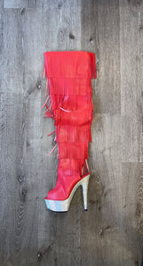 RED THIGH HIGH FRINGE BOOTS WITH RHINESTONE HEEL