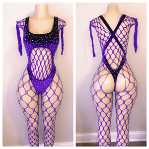 PURPLE JT INSPIRED ONE PIECE DIAMOND CUTOUT WITH FULL BODY FISHNET