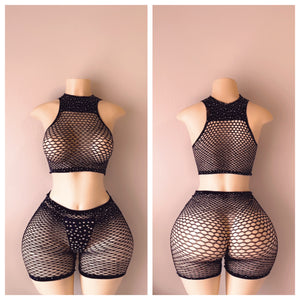 FISHNET SHORT SET WITH MATCHING THONG ONE SIZE FITS MOST