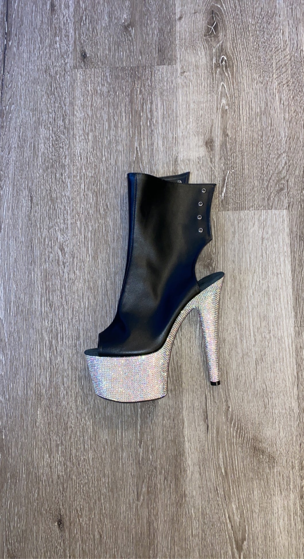 BLACK ANKLE BOOTS WITH RHINESTONE HEELS
