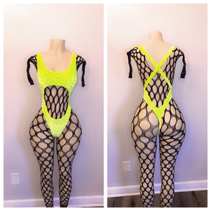 NEON YELLOW JT INSPIRED ONE PIECE DIAMOND CUTOUT WITH FULL BODY FISHNET