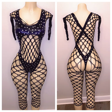 JT INSPIRED BLACK ONE PIECE DIAMOND CUTOUT WITH FULL BODY FISHNET