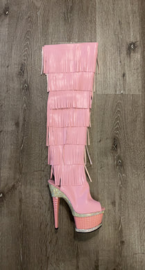 LIGHT PINK THIGH HIGH FRINGE BOOTS WITH CUBE AND RHINESTONE HEEL
