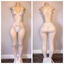 Load image into Gallery viewer, DIAMOND FULL BODY FISHNET WITH FLARE AND MATCHING THONG FITS XS-XL