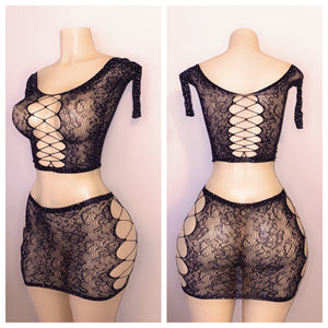 BLACK DIAMOND LONG SLEEVE CUTOUT TWO PIECE FISHNET SKIRT SET FITS S-L