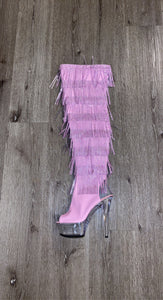 LIGHT PINK THIGH HIGH SHINY BOOTS WITH FRINGE