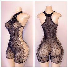 Load image into Gallery viewer, BLACK CHEETAH DIAMOND LACE ROMPER FITS S-L