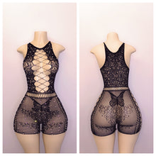Load image into Gallery viewer, BLACK DIAMOND LACE ROMPER FITS XS-XL