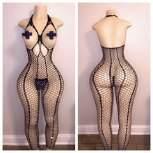 Load image into Gallery viewer, OPEN BOOB DIAMOND FISHNET WITH THONG AND PASTIES FITS XS-LARGE