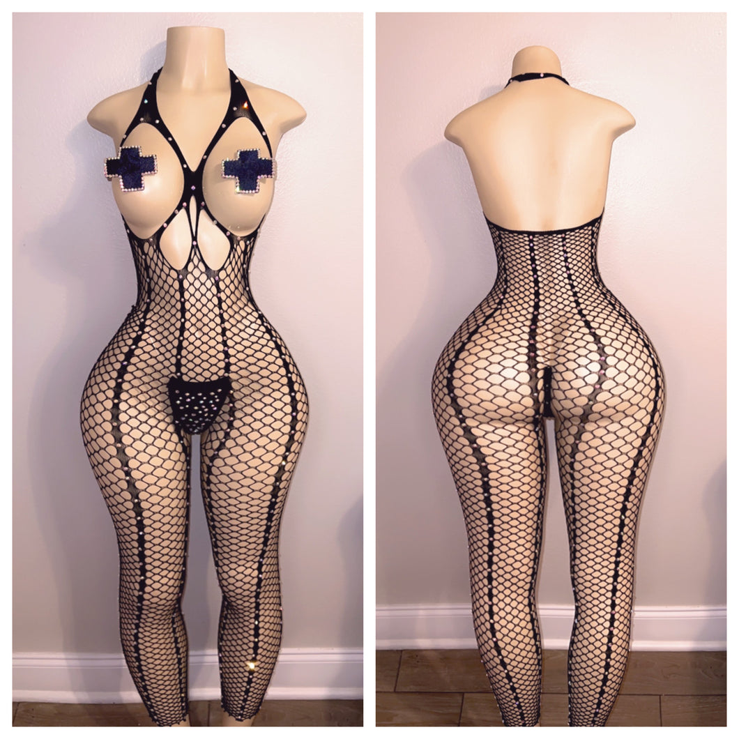 OPEN BOOB DIAMOND FISHNET WITH THONG AND PASTIES FITS XS-LARGE