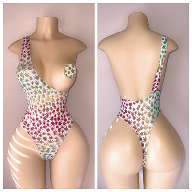 MULTICOLOR WEED PRINT DIAMOND OPEN BOOB ONE PIECE FITS S-L