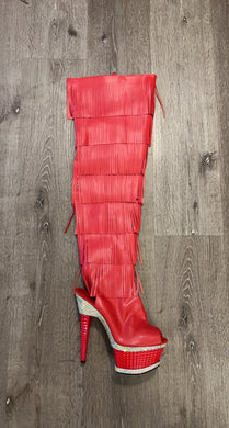 RED THIGH HIGH FRINGE BOOTS WITH CUBE AND RHINESTONE HEEL