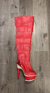 RED THIGH HIGH FRINGE BOOTS WITH CUBE AND RHINESTONE HEEL