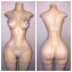 OPEN BOOB DIAMOND FISHNET ROMPER WITH THONG AND PASTIES FITS XS-LARGE