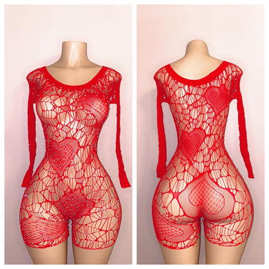 RED HEART DIAMOND FISHNET ROMPER FITS S-L