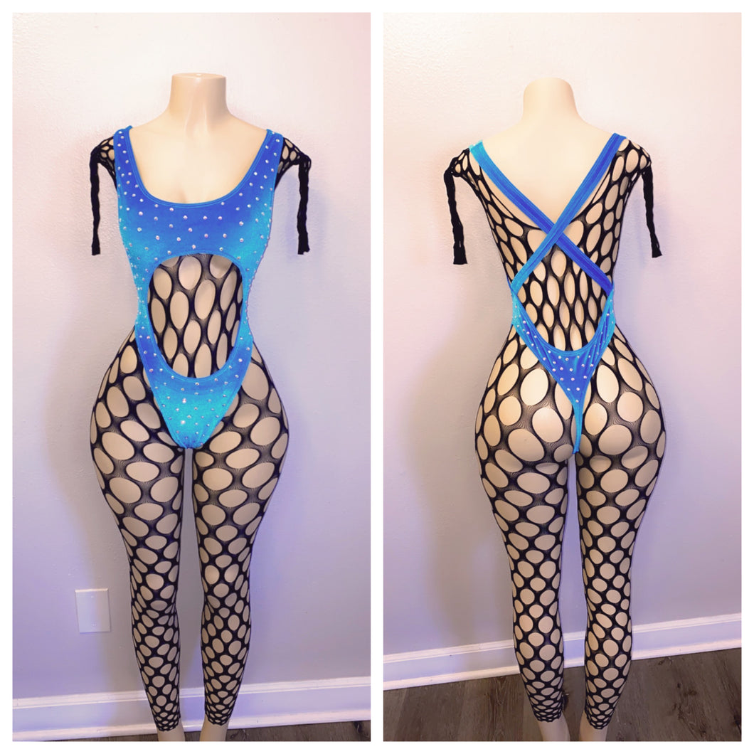 BLUE JT INSPIRED ONE PIECE DIAMOND CUTOUT WITH FULL BODY FISHNET