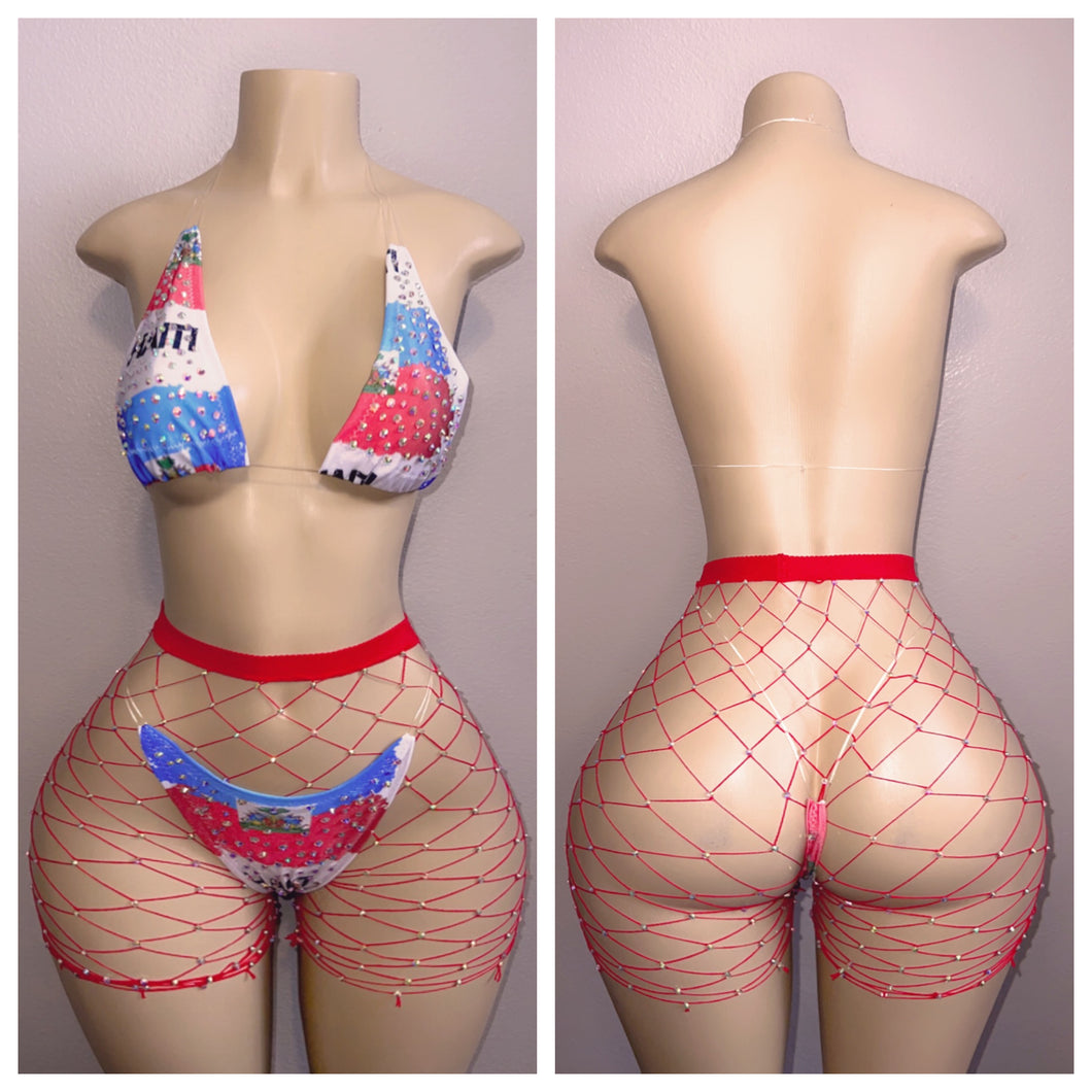 HAITIAN FLAG DAY THREE PIECE BIKINI SET WITH HAND RHINESTONED SHORTS