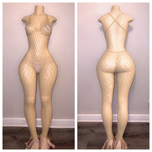 Load image into Gallery viewer, DIAMOND FULL BODY FISHNET WITH FLARE AND MATCHING THONG FITS XS-XL
