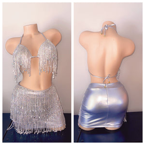 SILVER BEDAZZLED TWO PIECE BRA SET WITH SKIRT