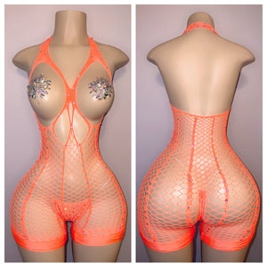 OPEN BOOB DIAMOND FISHNET ROMPER WITH THONG AND PASTIES FITS XS-LARGE