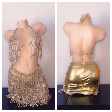 GOLD BEDAZZLED TWO PIECE BRA SET WITH SKIRT